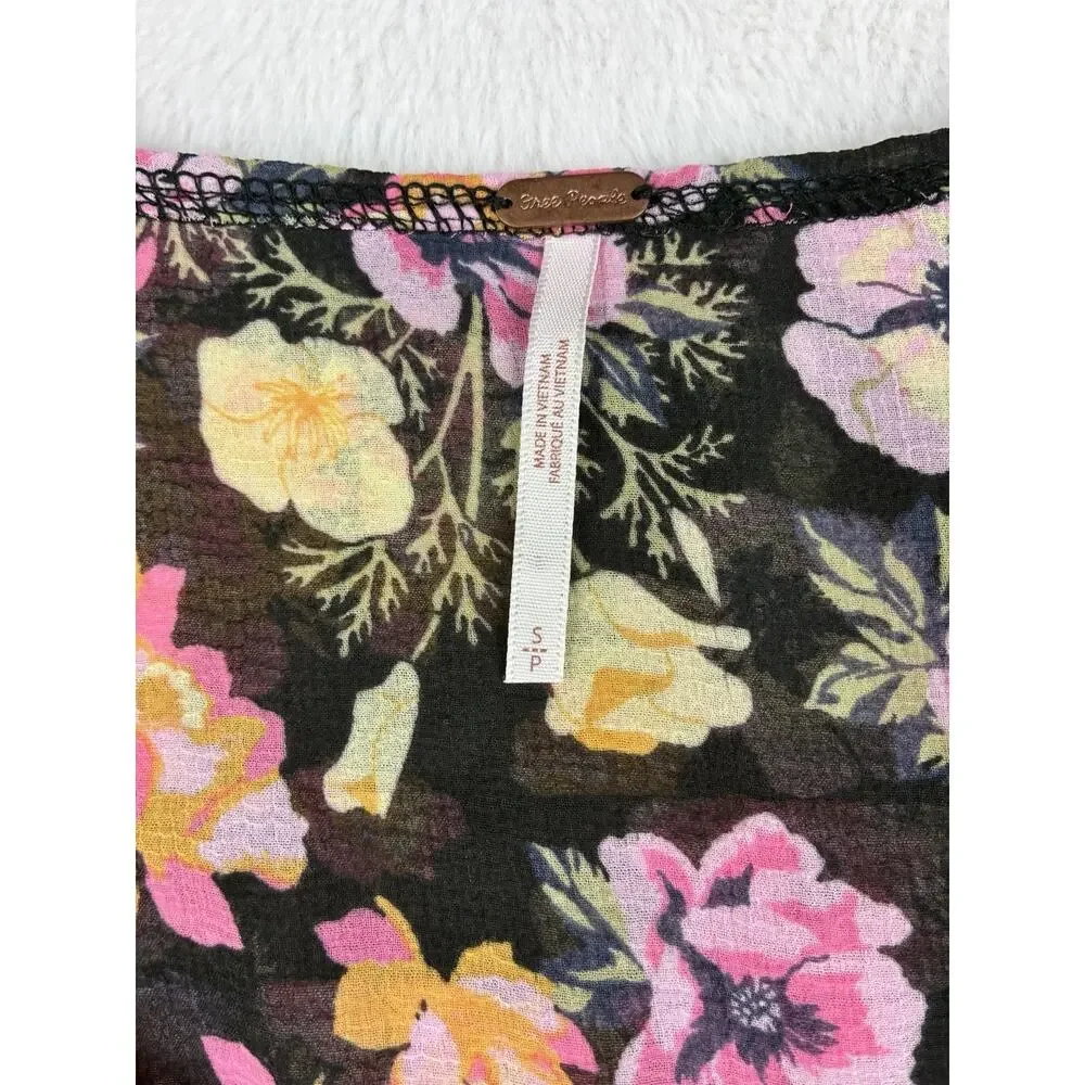 Free People Floral Blouse Womens Small Black Pink Sheer Ruffle Tie Front Boho